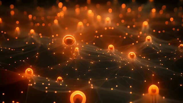Network of Orange Balls on Black Background, Circular Patterns, Connectivity, Circularity, Fractal wires connecting the abstract representation of connected devices, AI Generated
