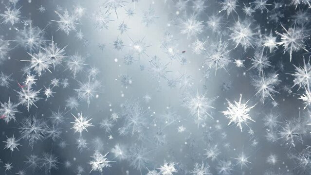 Mesmerizing Video of snow flakes gently falling against a serene blue background, creating a serene winter ambiance, Frozen in time: A flurry of abstract snowflakes falling, AI Generated