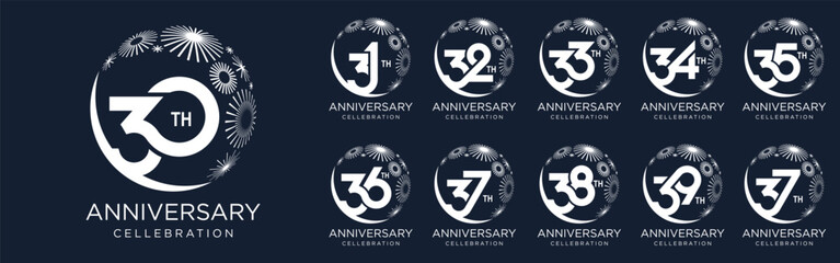 set of 30 to 39th anniversary logotype design, with white color fireworks for celebration event, wedding, and birthday, vector illustration