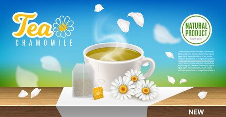 Chamomile tea poster. Herbal beverage advertising banner design. Realistic 3d meadow daisy flower, cup with hot drink and teabag on table. Aromatic fresh medical herb. Vector concept