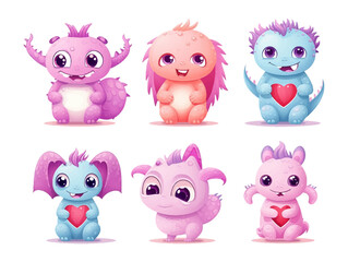 Set of cute pink heart cartoon monsters illustration