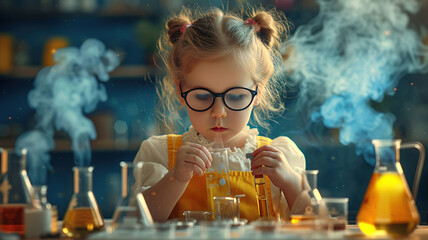 a little girl with glasses conducts chemical reaction - obrazy, fototapety, plakaty
