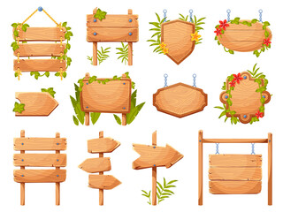 Cartoon tropical plants sign boards. Wooden empty banners, entwined with vines ui games elements, jungle flora frames and panels, hanging and standing blank signboards, vector isolated set
