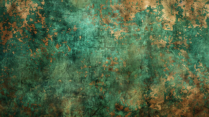 An expanse of subtle grunge texture mimicking the patina on copper, where verdigris and tarnish create a tapestry of green and brown hues. 32k, full ultra HD, high resolution - obrazy, fototapety, plakaty
