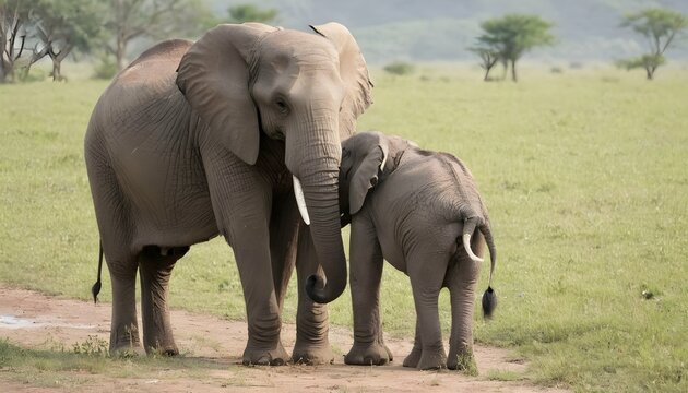 A Mother Elephant Comforting Her Calf
