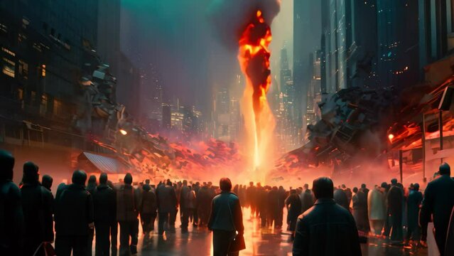 A diverse group of individuals standing in the city at night, illuminated by the city lights, Futuristic visualization of a stock market crash, AI Generated