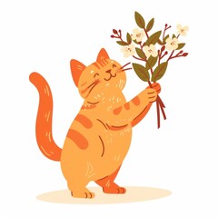 Cartoon cat enjoying a bouquet of colorful flowers, looking content.