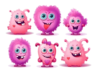 Fotobehang Set of cute pink heart cartoon monsters illustration © Pickoloh