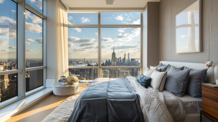 Beautiful bright bedroom overlooking New York. Great modern style atmosphere