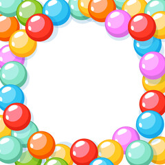 Cartoon gum balls background. Color round candies frame, kids yummy bubble gums, children play room decoration, game zone. Circle form with empty space. Backdrop decor. Vector concept