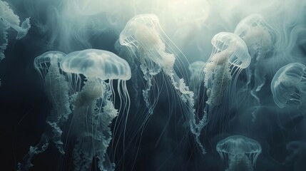 Ethereal jellyfish ballet in deep ocean, mesmerizing beauty as they gracefully glide - obrazy, fototapety, plakaty