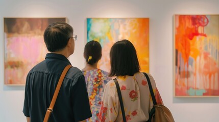 Diverse group of visitors observing art on display at an exhibition
