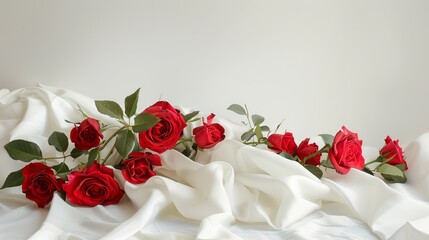 Stunning red roses elegantly adorn a pristine white linen backdrop.