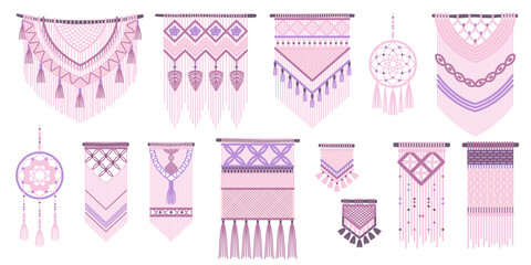 Braided boho decorations. Macrame wall hanging, woven interior elements, cozy modern room, knitted ropes, home accessories, dream catcher. Cartoon flat style isolated tidy vector set