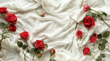 Stunning red roses elegantly adorn a pristine white linen backdrop.