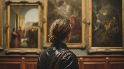 A woman carefully examines artwork in a museum gallery
