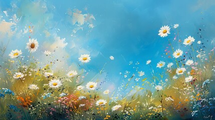Obraz na płótnie Canvas Stunning meadow awash in spring's vibrant hues, framed by daisies and a picturesque blue sky.