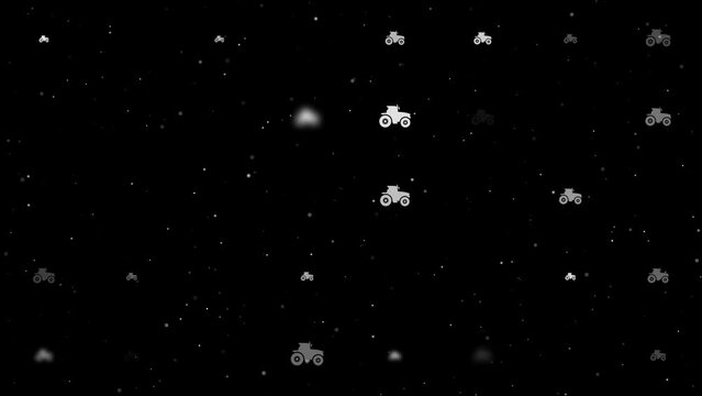 Template animation of evenly spaced tractor icons of different sizes and opacity. Animation of transparency and size. Seamless looped 4k animation on black background with stars