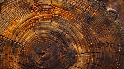 Stunning close-up of a felled oak tree's stump, showcasing intricate patterns of warm brown and orange tones. The rough texture of tree rings reveals the natural beauty of this felled giant.