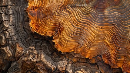 Stunning close-up of a felled oak tree's stump, showcasing intricate patterns of warm brown and orange tones. The rough texture of tree rings reveals the natural beauty of this felled giant.