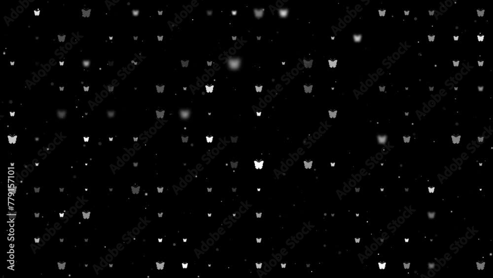 Poster template animation of evenly spaced butterfly symbols of different sizes and opacity. animation of t