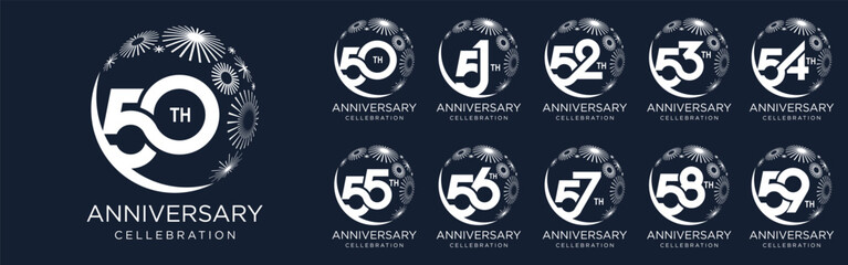 set of 50 to 59th anniversary logotype design, with white color fireworks for celebration event, wedding, and birthday, vector illustration
