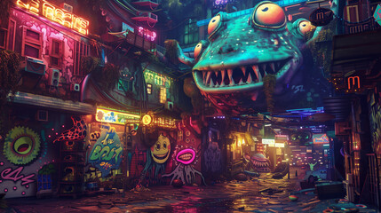 Surreal Cityscape with Giant Colorful Amphibians