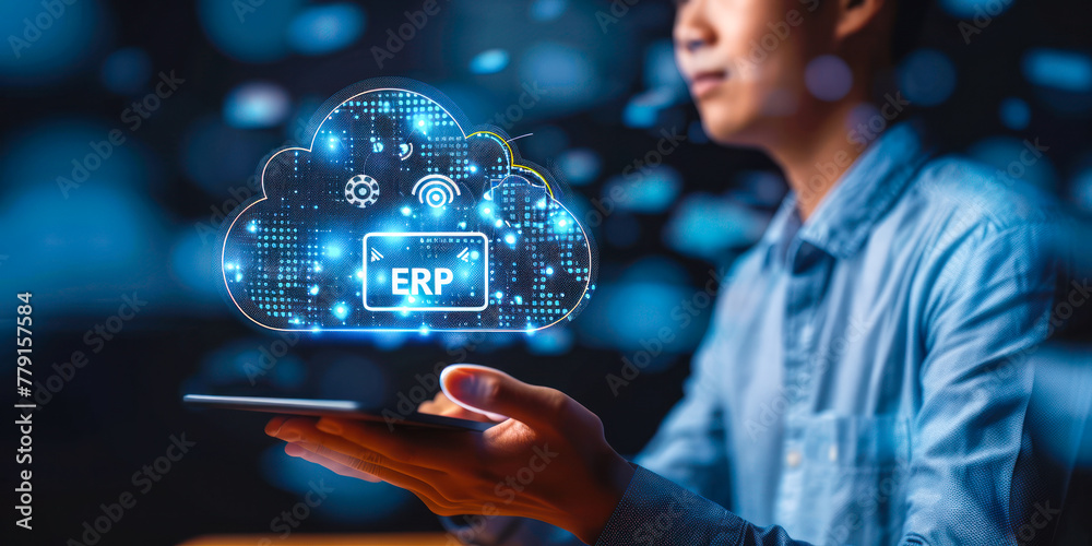 Poster executive implementing cloud-based erp system for business management efficiency through a smart int