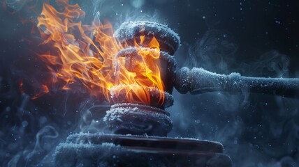 Burning gavel in a snowy setting - Visually impactful image of a gavel set ablaze within a snowy, icy environment, symbolizing contrast