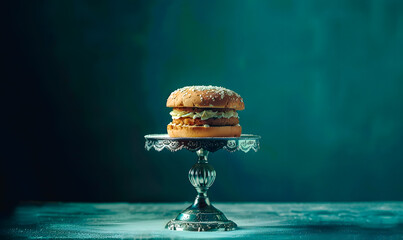 Hamburger présenté sur un plat à pied - obrazy, fototapety, plakaty