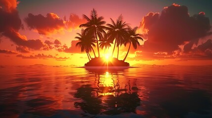 Palm trees silhouettes on tropical beach island at beautiful vivid sunset with clouds AI generated