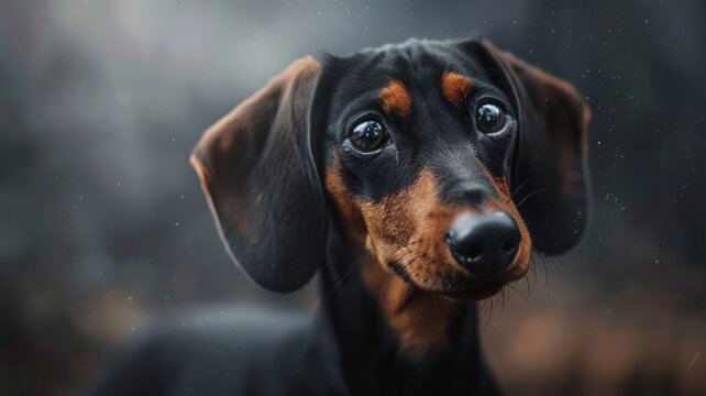 Close-up portrait of an adorable dachshund - This captivating image features a close-up of a dachshund with a soulful expression, detailed fur texture, and a bokeh background