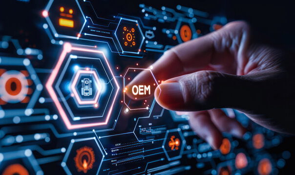 Business concept image of futuristic interface with hexagonal icons and word OEM, representing original equipment manufacturer or outsourcing partnerships and integration with third-party solutions