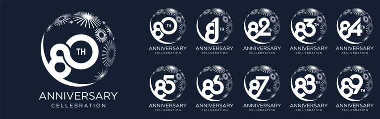 set of 80 to 89th anniversary logotype design, with white color fireworks for celebration event, wedding, and birthday, vector illustration