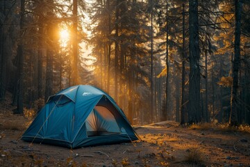 Camping tent in the emerald forest near the lake. Hiking.
