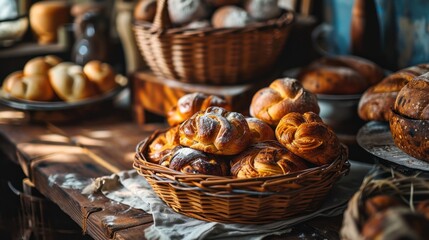 A table with multiple baskets filled with different types of bread.