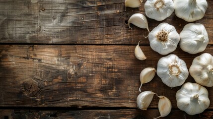 Garlic laying on wooden table cooking recipe banner concept - obrazy, fototapety, plakaty