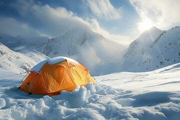 Camping tent in snow forest. Winter hiking.