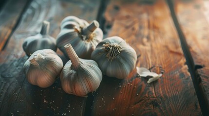 Garlic laying on wooden table cooking recipe banner concept