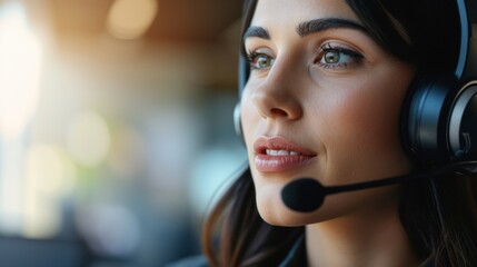 A female call center operator wearing a headset looks into the distance. - obrazy, fototapety, plakaty