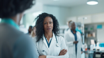 A mature black woman, decisive, authoritative, wise, in the position of chief physician, boss in the hospital
