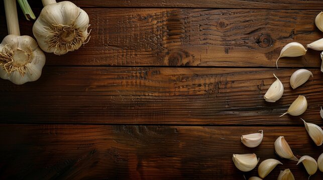 Garlic laying on wooden table cooking recipe banner concept