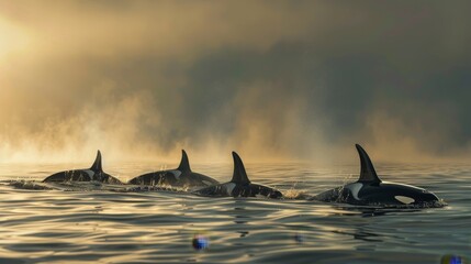 Orca pod hunting gracefully in the open ocean captured in a masterpiece photography - obrazy, fototapety, plakaty