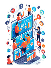 set business flat vector illustration design style concept. for graphic and web page banners, data analytics cartoon character design. team online video conference meeting. business planning, data ana