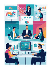 Fototapeta na wymiar set business flat vector illustration design style concept. for graphic and web page banners, data analytics cartoon character design. team online video conference meeting. business planning, data ana