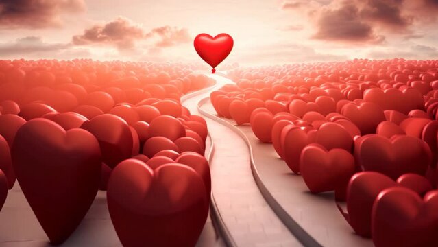 A heart shaped balloon gracefully floats above a train track, creating a whimsical scene, Love heart balloons guiding the way in a romantic maze, AI Generated