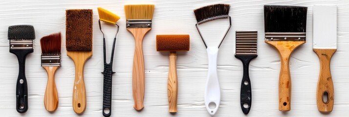 A collection of different brushes of different sizes and types of bristles arranged in a row on a white wooden surface. - obrazy, fototapety, plakaty