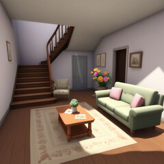 Living room with sofa and flowers and stairs to the second floor.