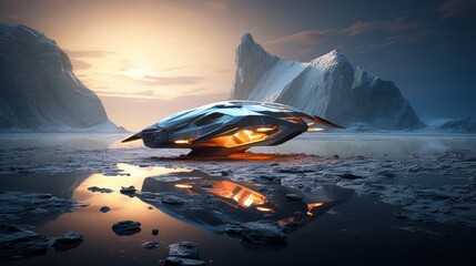 The spaceship is parked on a plateau with water and mountains in the background. The sky is orange and the water reflects the light of the ship.