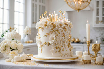 Luxury white chocolate wedding cake decorated with flowers in kitchen
